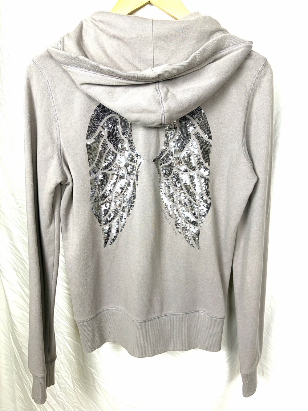 Victoria's Secret Grey Hoodie with Silver Sequin Angel Wings on Back